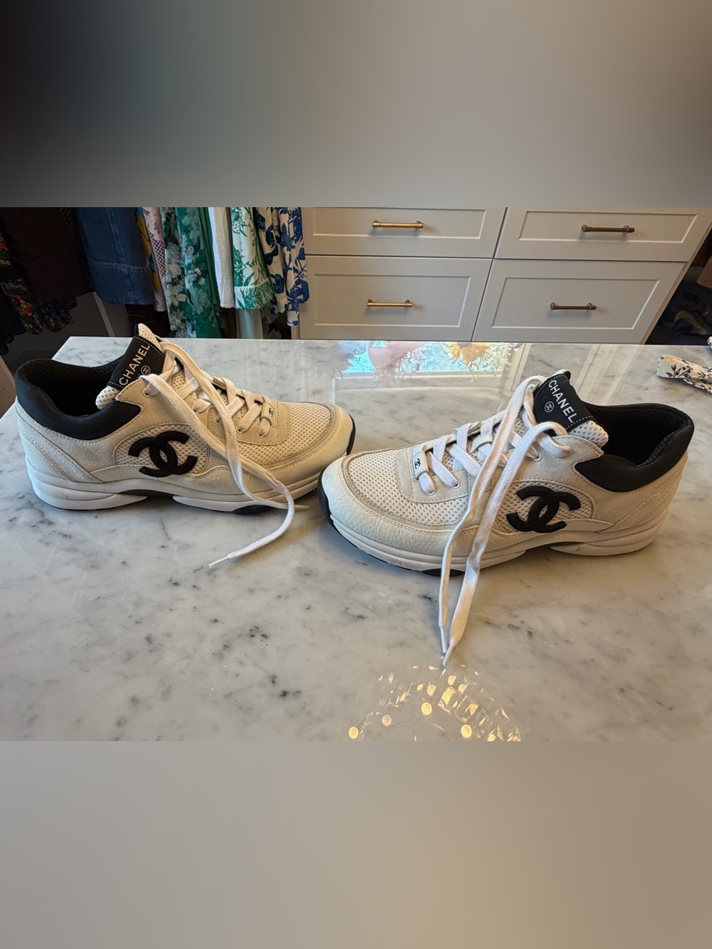 CHANEL Women’s White and Navy CC Logo Sneakers- size 42